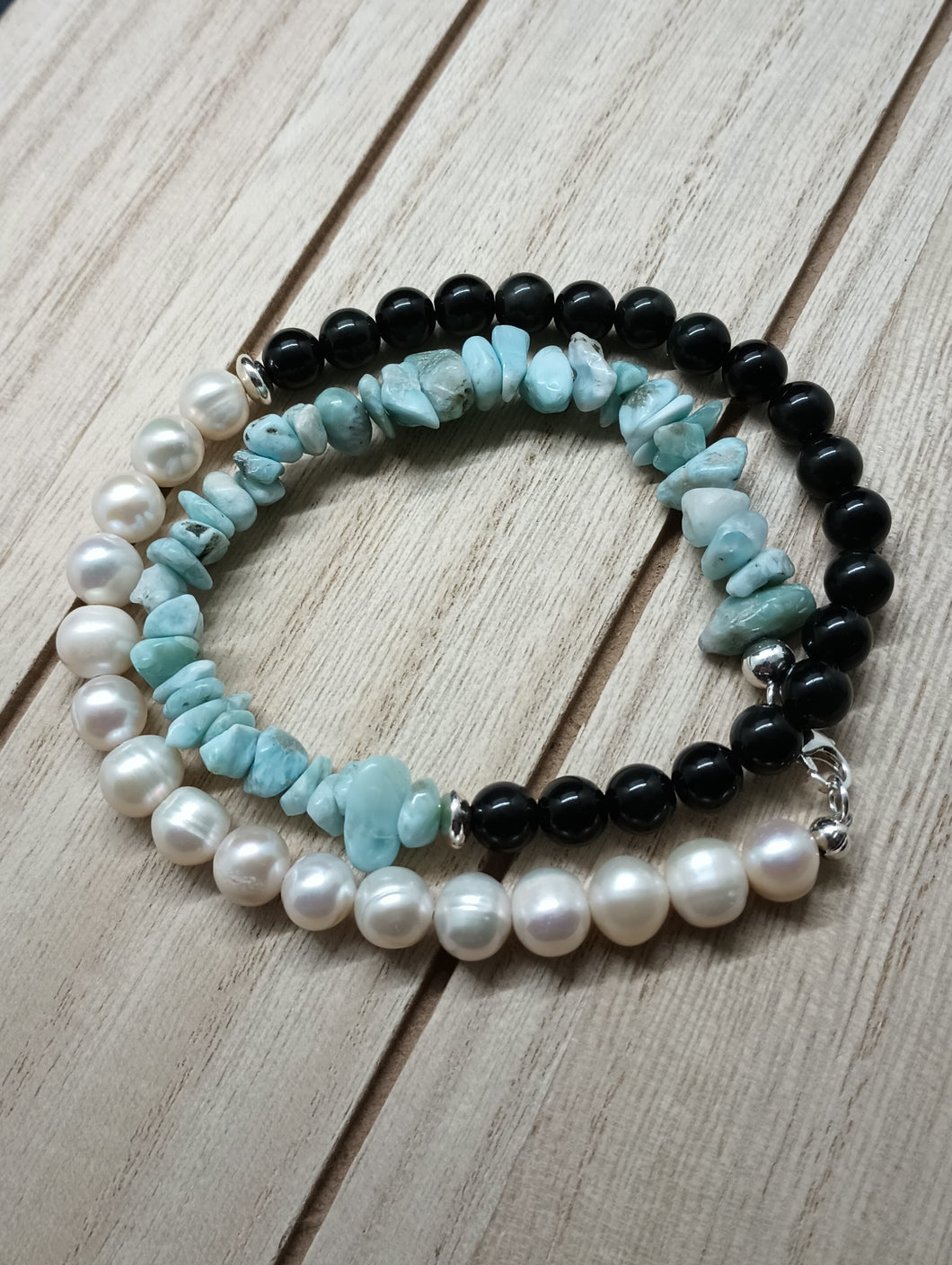 Black Iced Pearl and Larimar Wrapped Bracelet